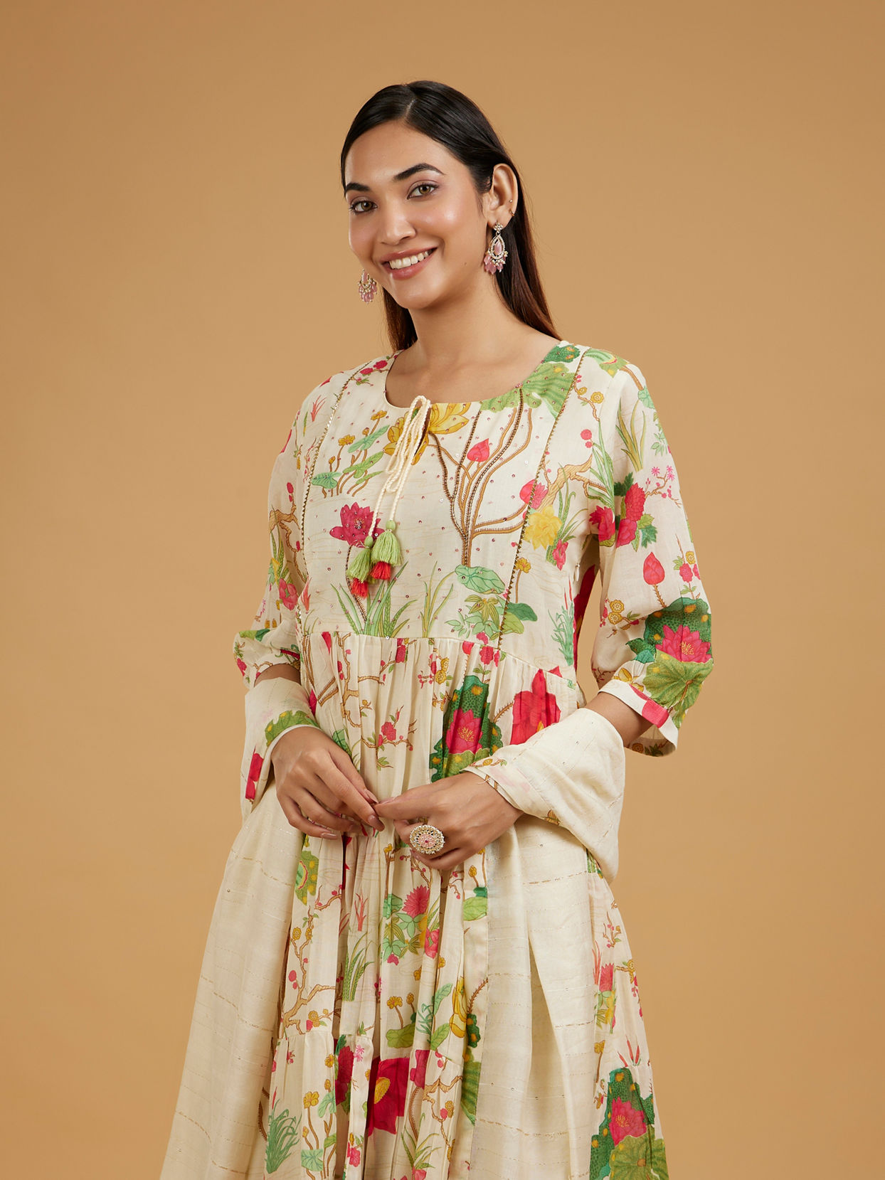 Mohey Women Elegant Cream Anarkali Suit