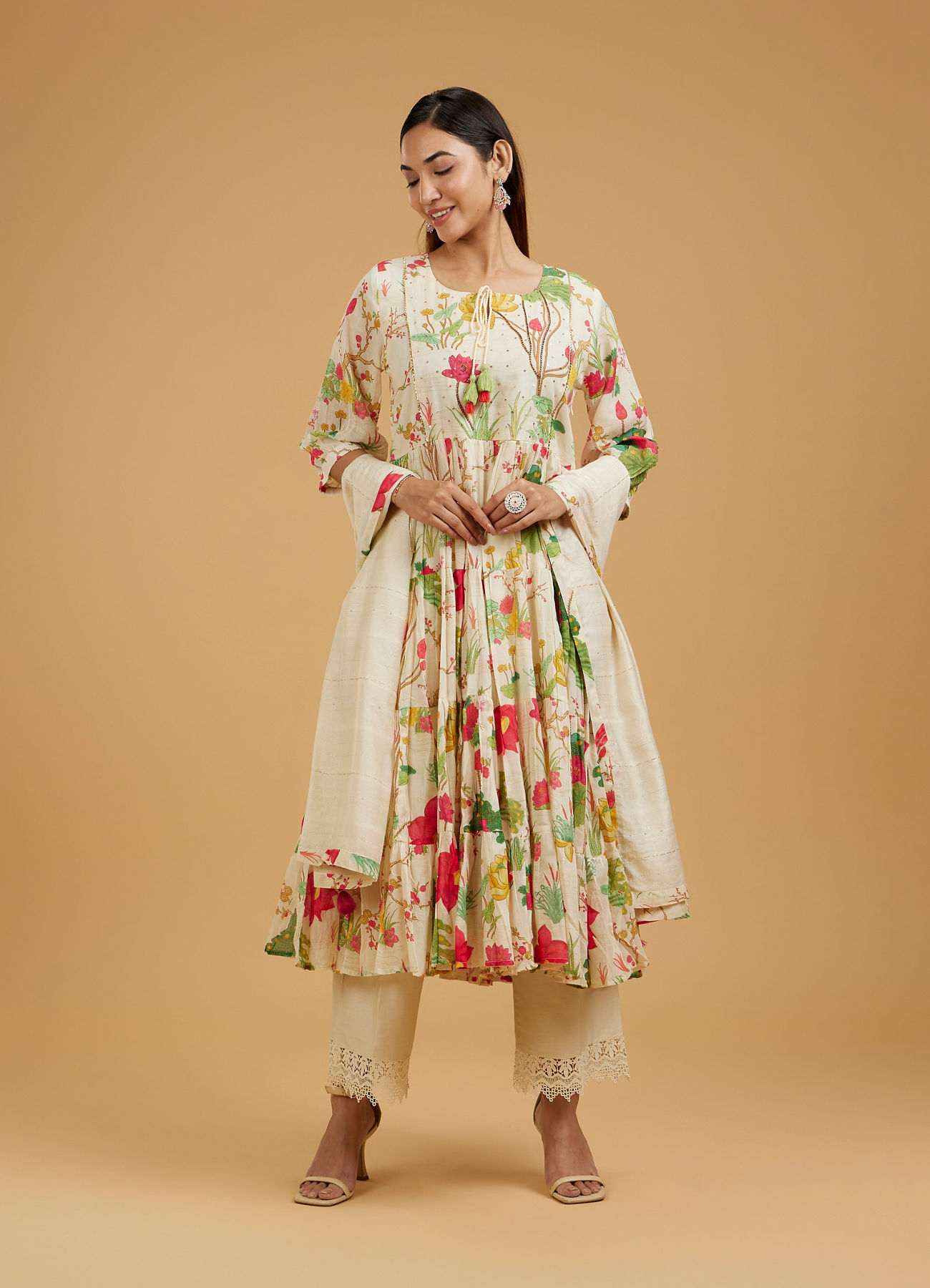 Mohey Women Elegant Cream Anarkali Suit