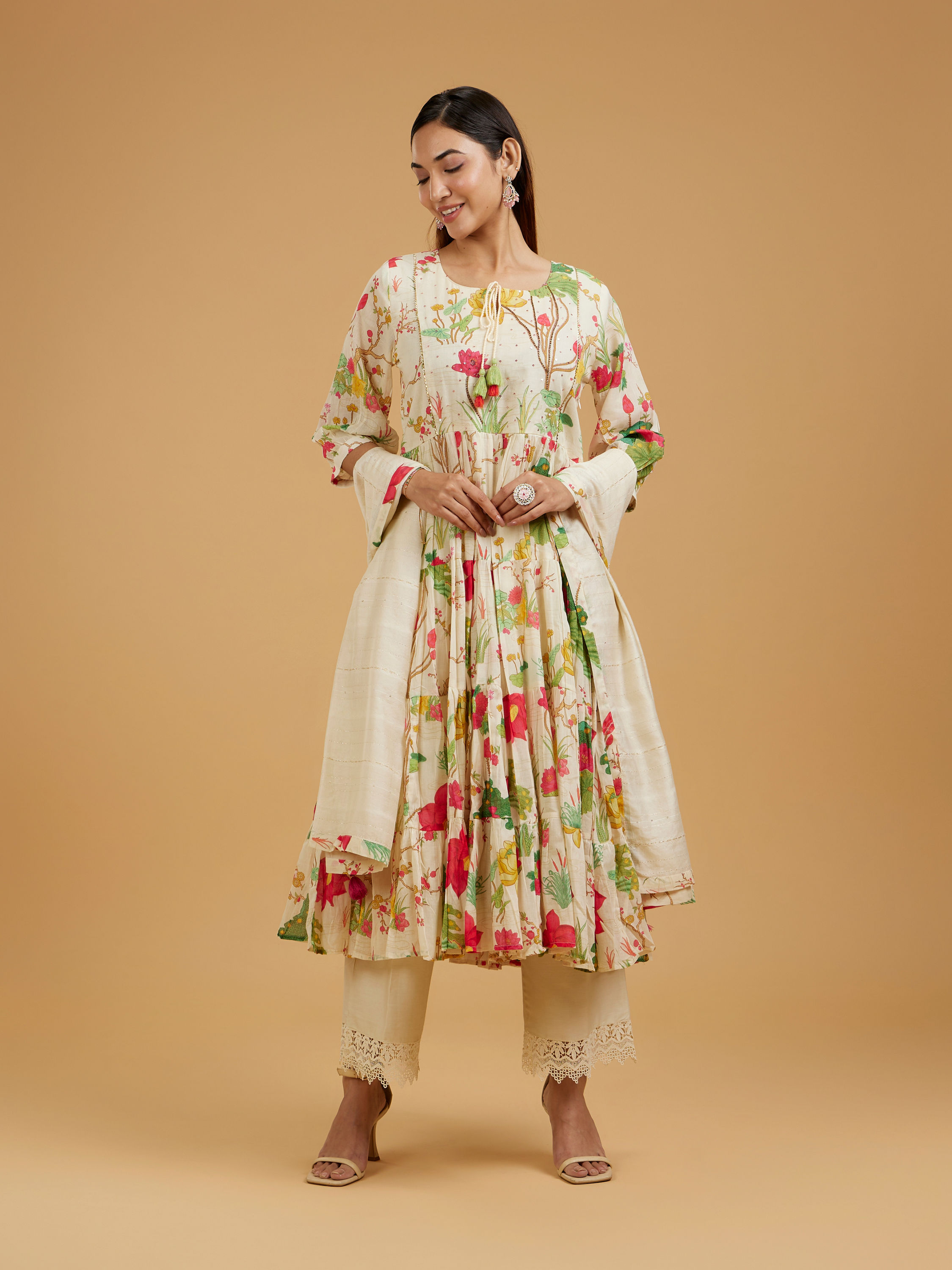 Mohey Women Elegant Cream Anarkali Suit