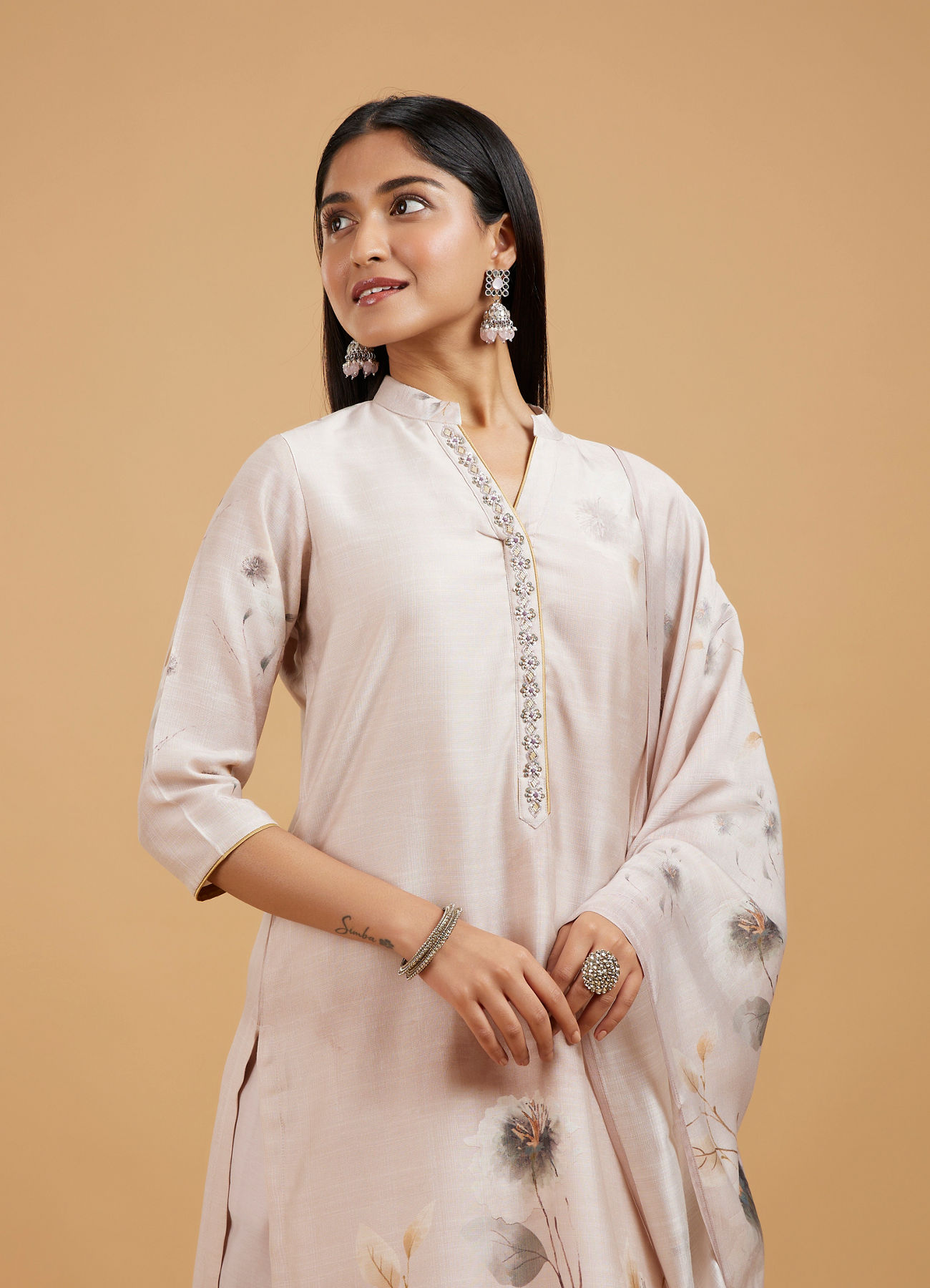 Mohey Women Enchanting Beige Straight Suit