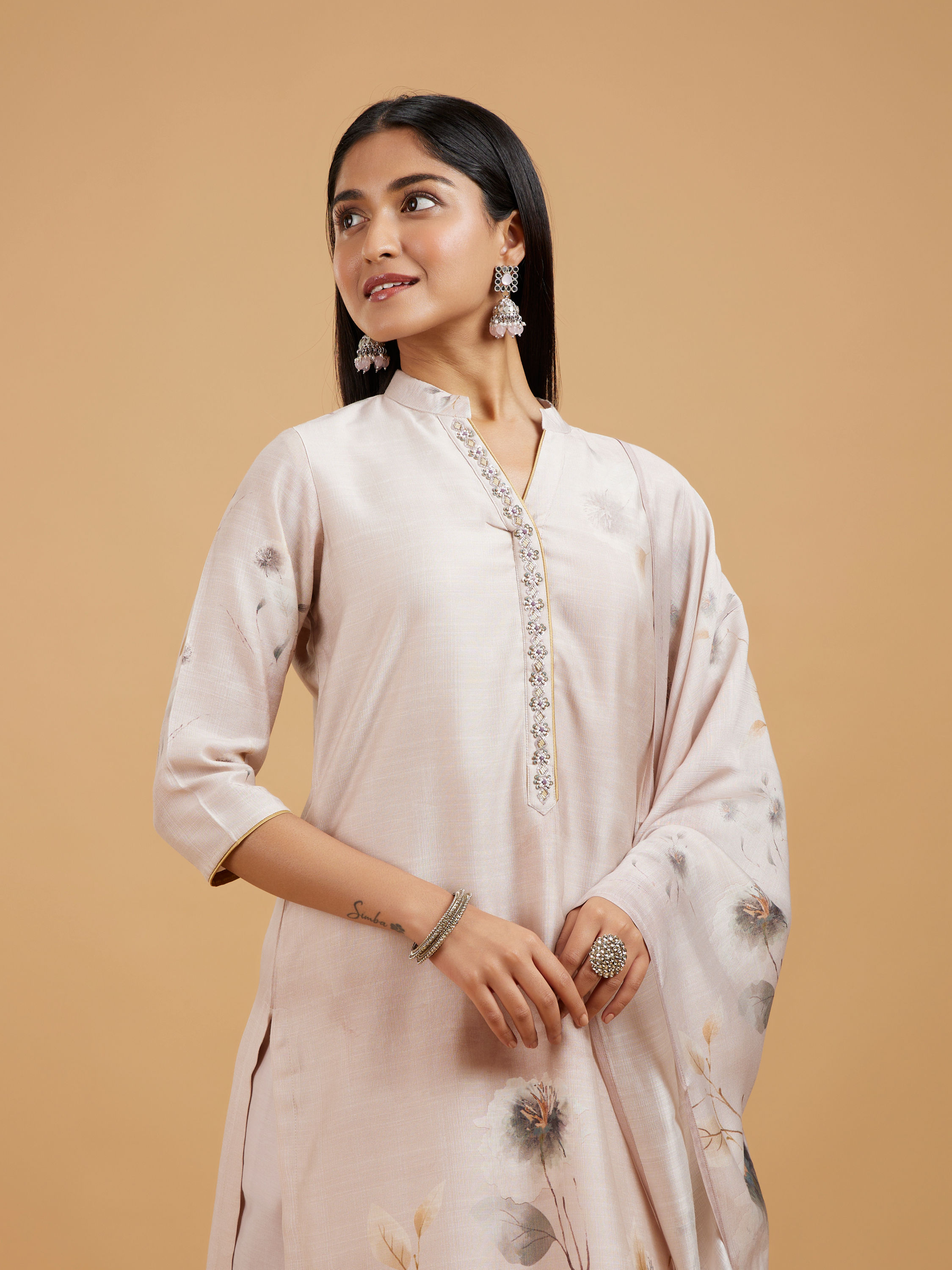 Mohey Women Enchanting Beige Straight Suit
