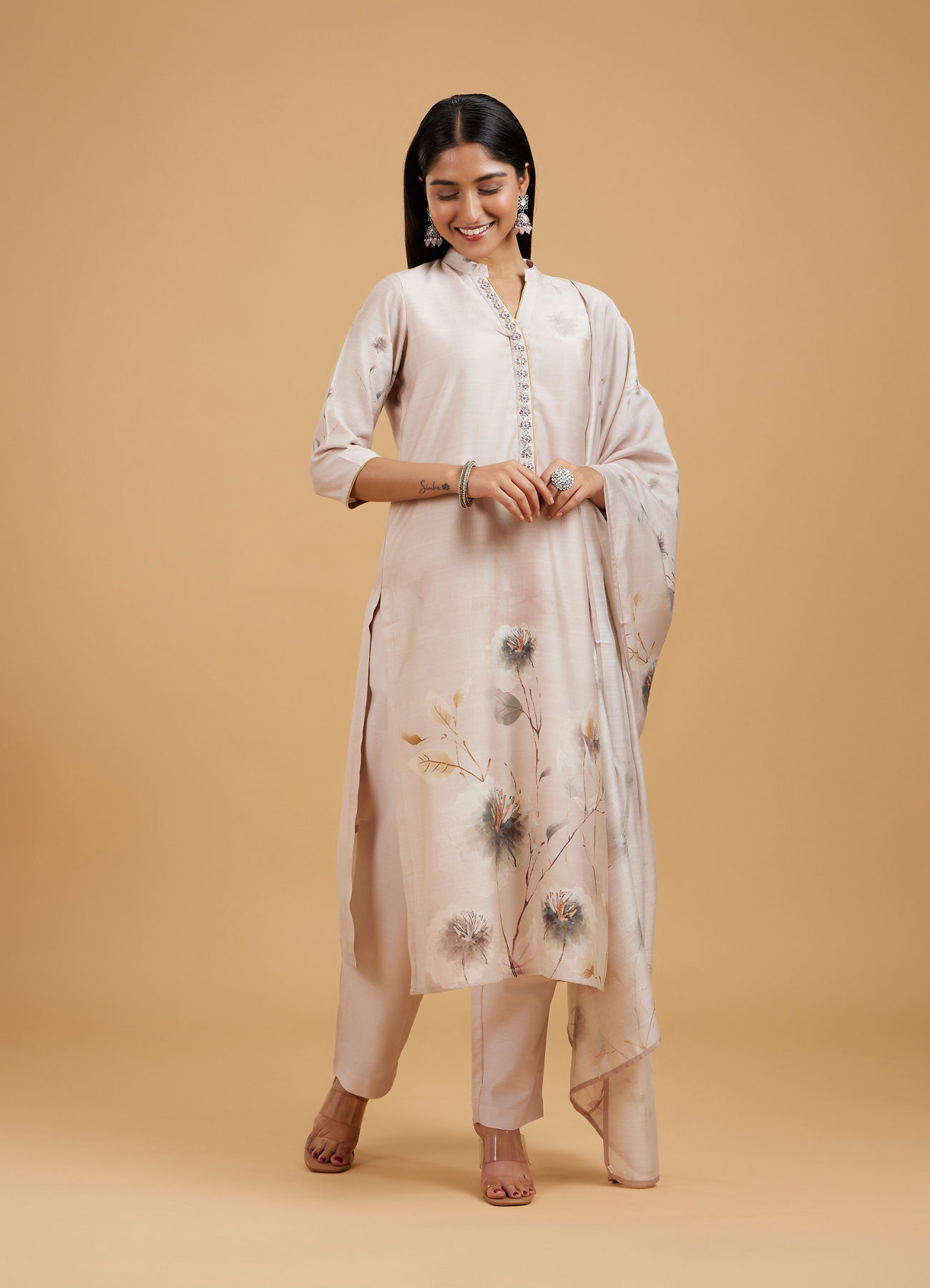 Mohey Women Enchanting Beige Straight Suit