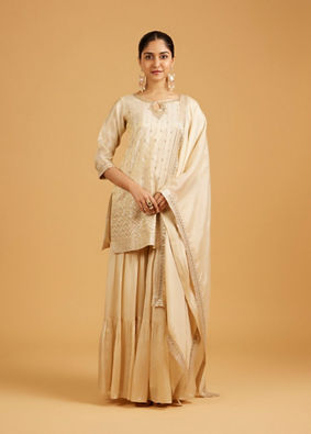 Mohey Women Cream Beige Zari Embroidered Sharara Suit with Sequin Work