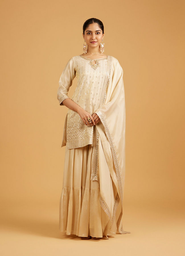 Mohey Women Cream Beige Zari Embroidered Sharara Suit with Sequin Work