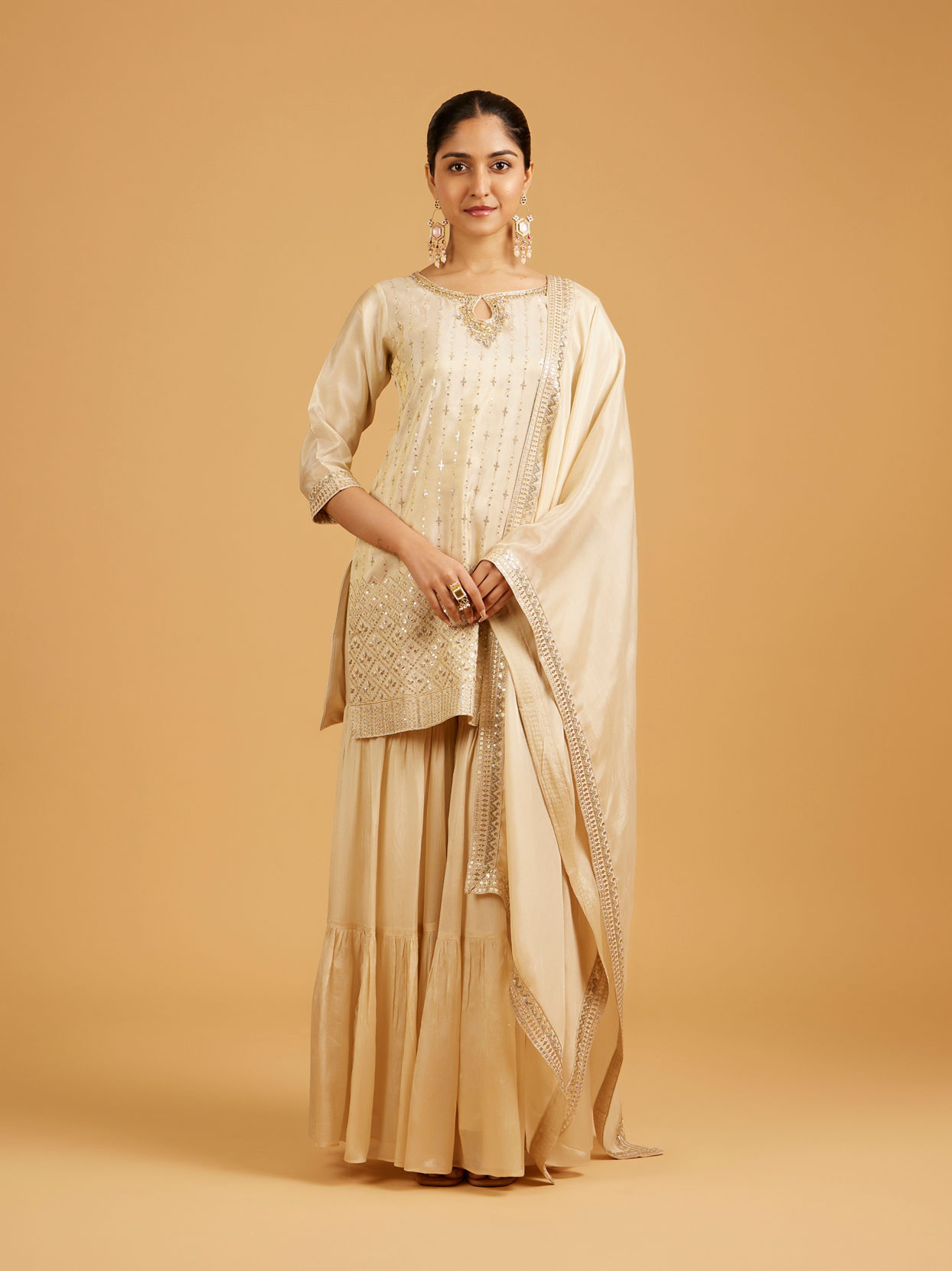 Mohey Women Cream Beige Zari Embroidered Sharara Suit with Sequin Work