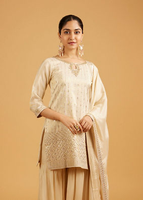Mohey Women Cream Beige Zari Embroidered Sharara Suit with Sequin Work