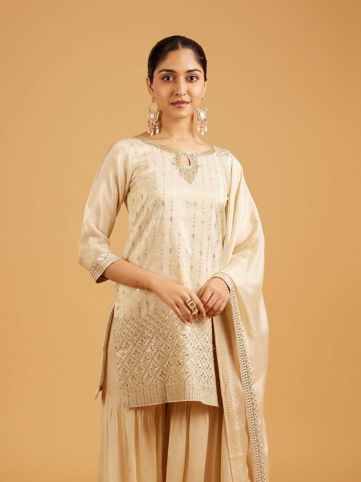Mohey Women Cream Beige Zari Embroidered Sharara Suit with Sequin Work