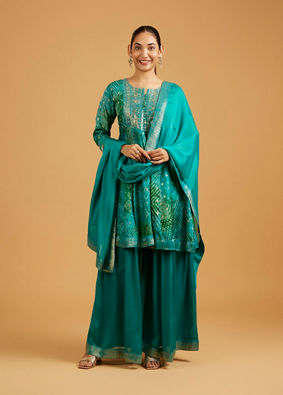 Mohey Women Rama Green Bandhani Print Palazzo Suit with Embroidered Neckline