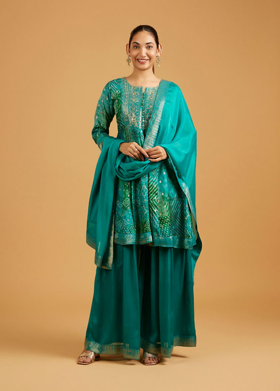 Mohey Women Rama Green Bandhani Print Palazzo Suit with Embroidered Neckline