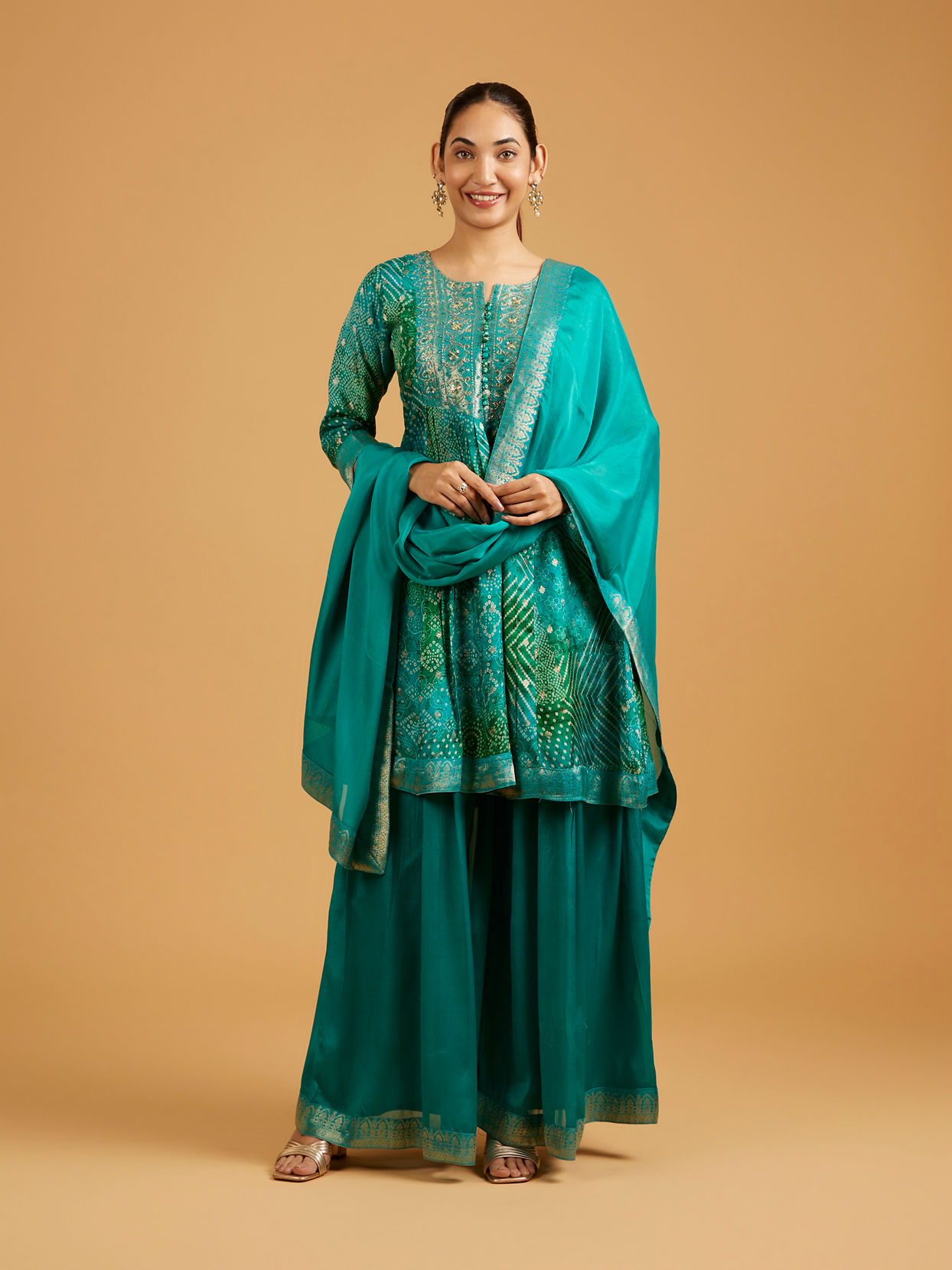 Mohey Women Rama Green Bandhani Print Palazzo Suit with Embroidered Neckline