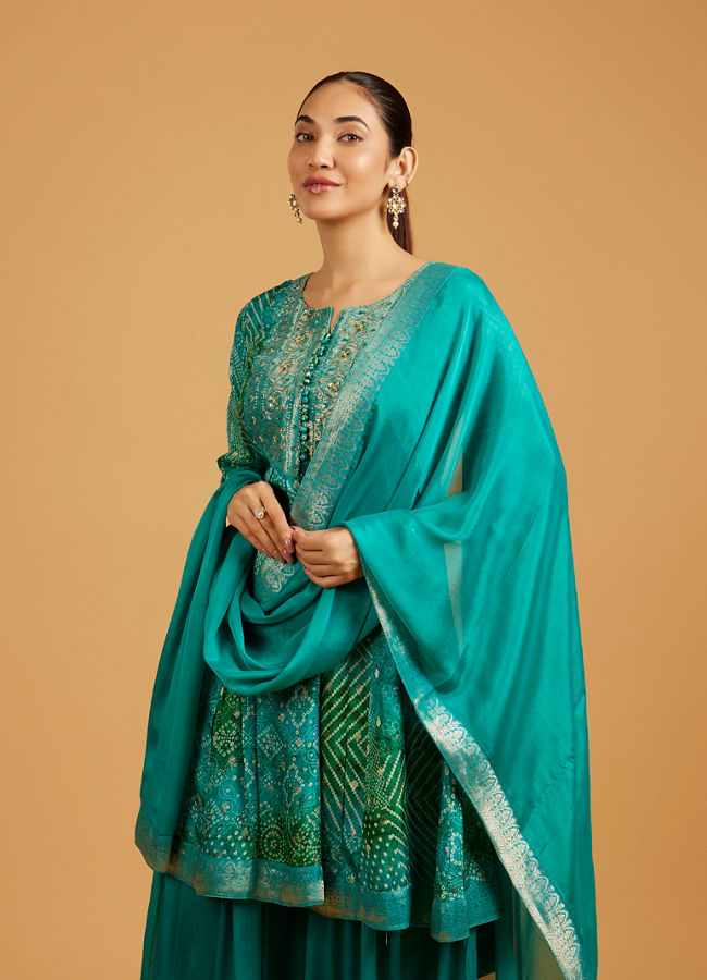 Mohey Women Rama Green Bandhani Print Palazzo Suit with Embroidered Neckline