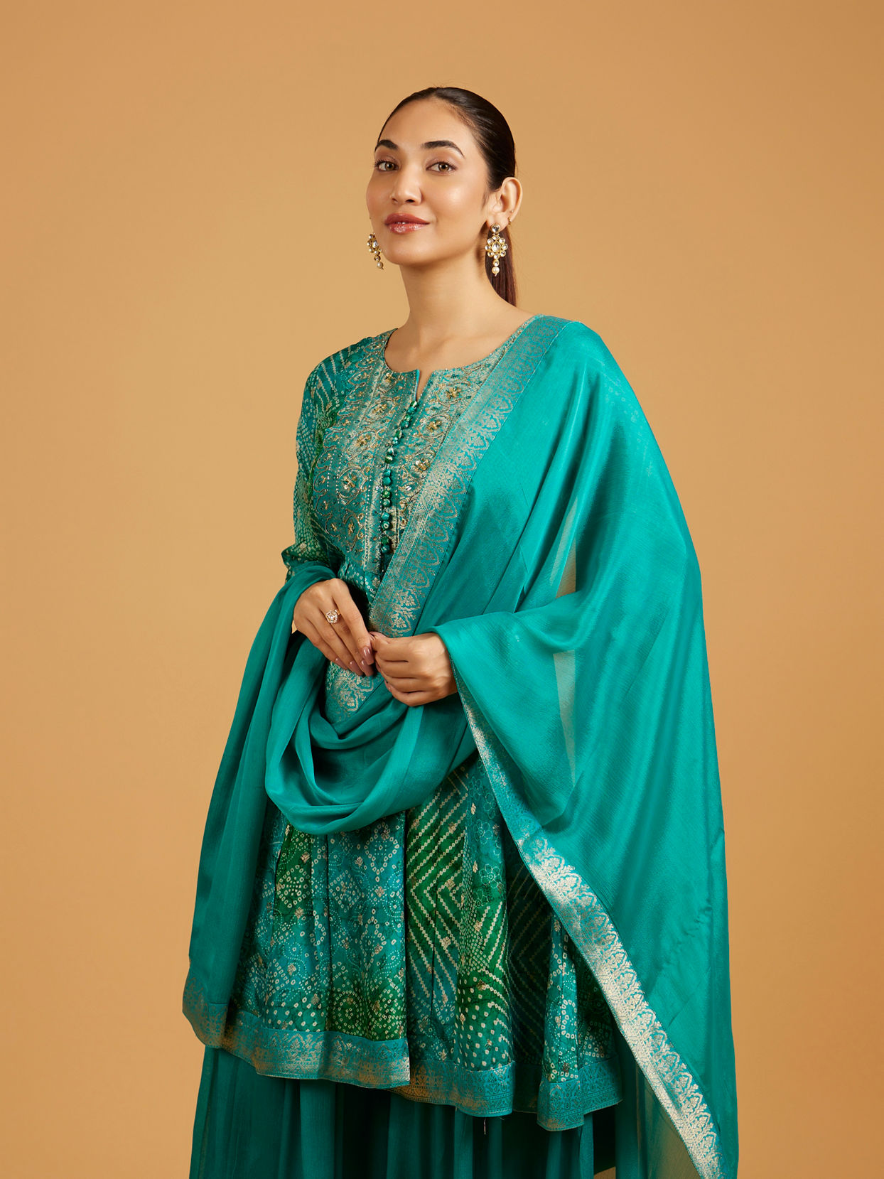 Mohey Women Rama Green Bandhani Print Palazzo Suit with Embroidered Neckline