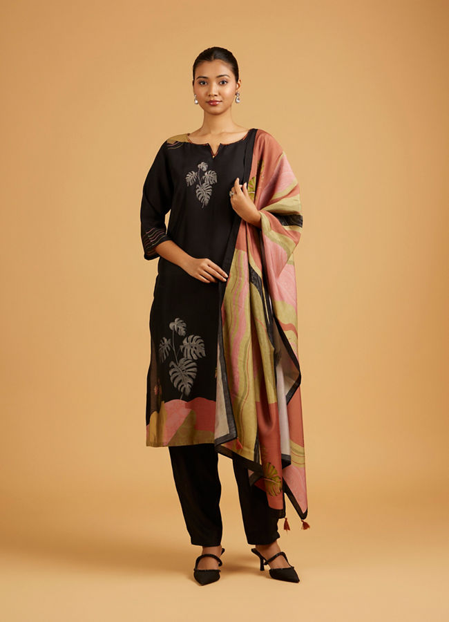 Mohey Women Ebony Black Leaf Printed Straight Suit with Tassel Trims