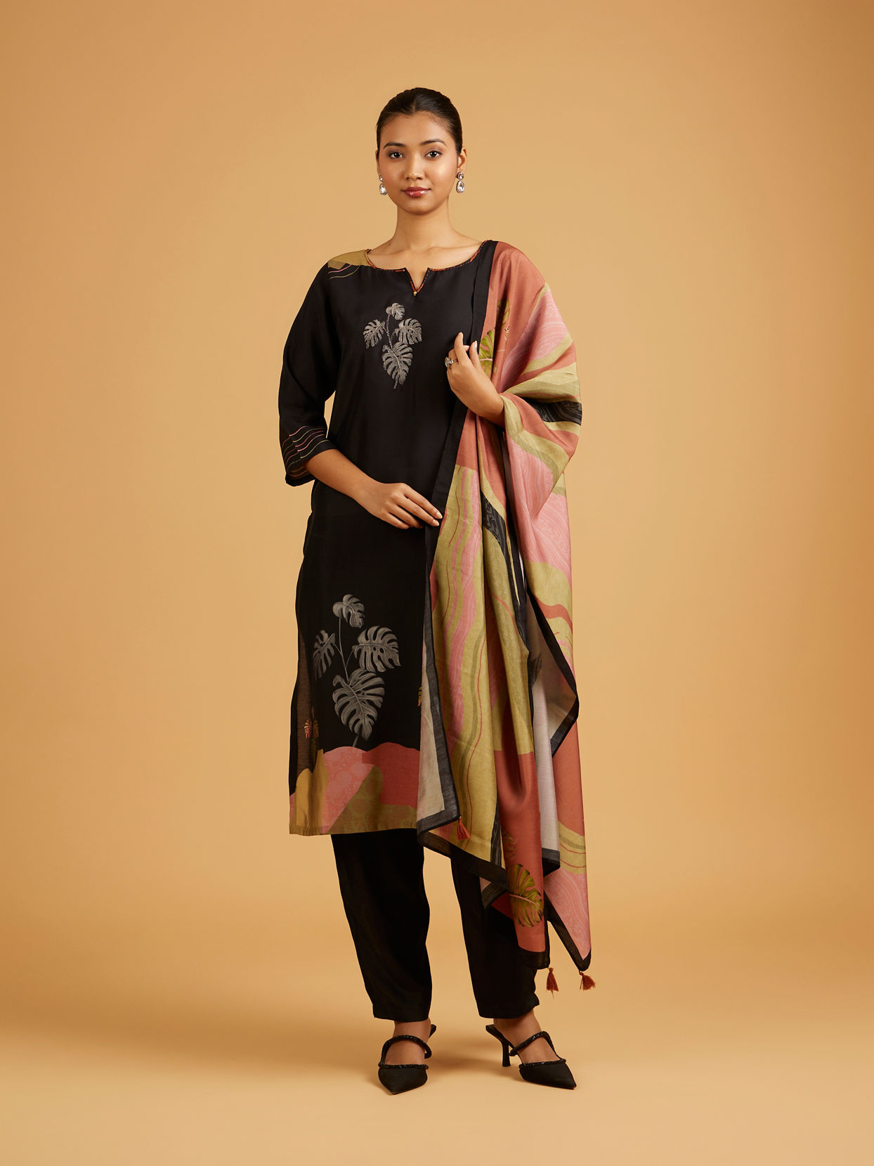 Mohey Women Ebony Black Leaf Printed Straight Suit with Tassel Trims