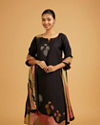 Mohey Women Ebony Black Leaf Printed Straight Suit with Tassel Trims