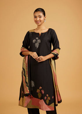 Mohey Women Ebony Black Leaf Printed Straight Suit with Tassel Trims