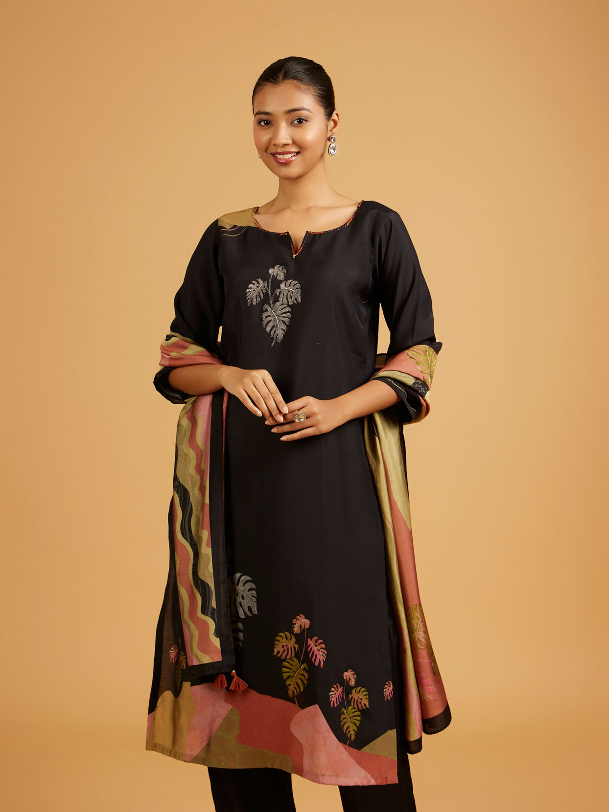 Mohey Women Ebony Black Leaf Printed Straight Suit with Tassel Trims