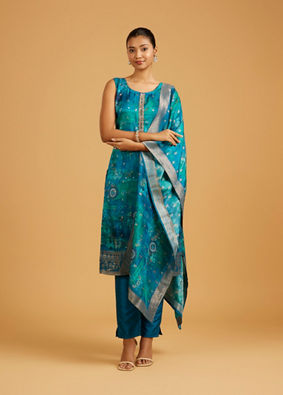 Mohey Women Teal Blue Abstract Printed Straight Suit with Floral Butas