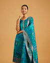 Mohey Women Teal Blue Abstract Printed Straight Suit with Floral Butas