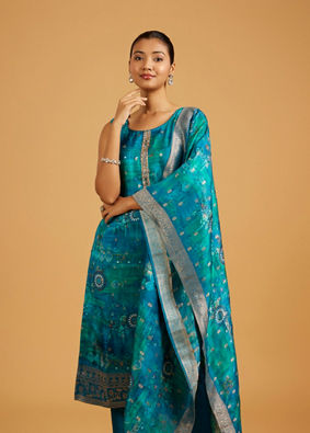 Mohey Women Teal Blue Abstract Printed Straight Suit with Floral Butas