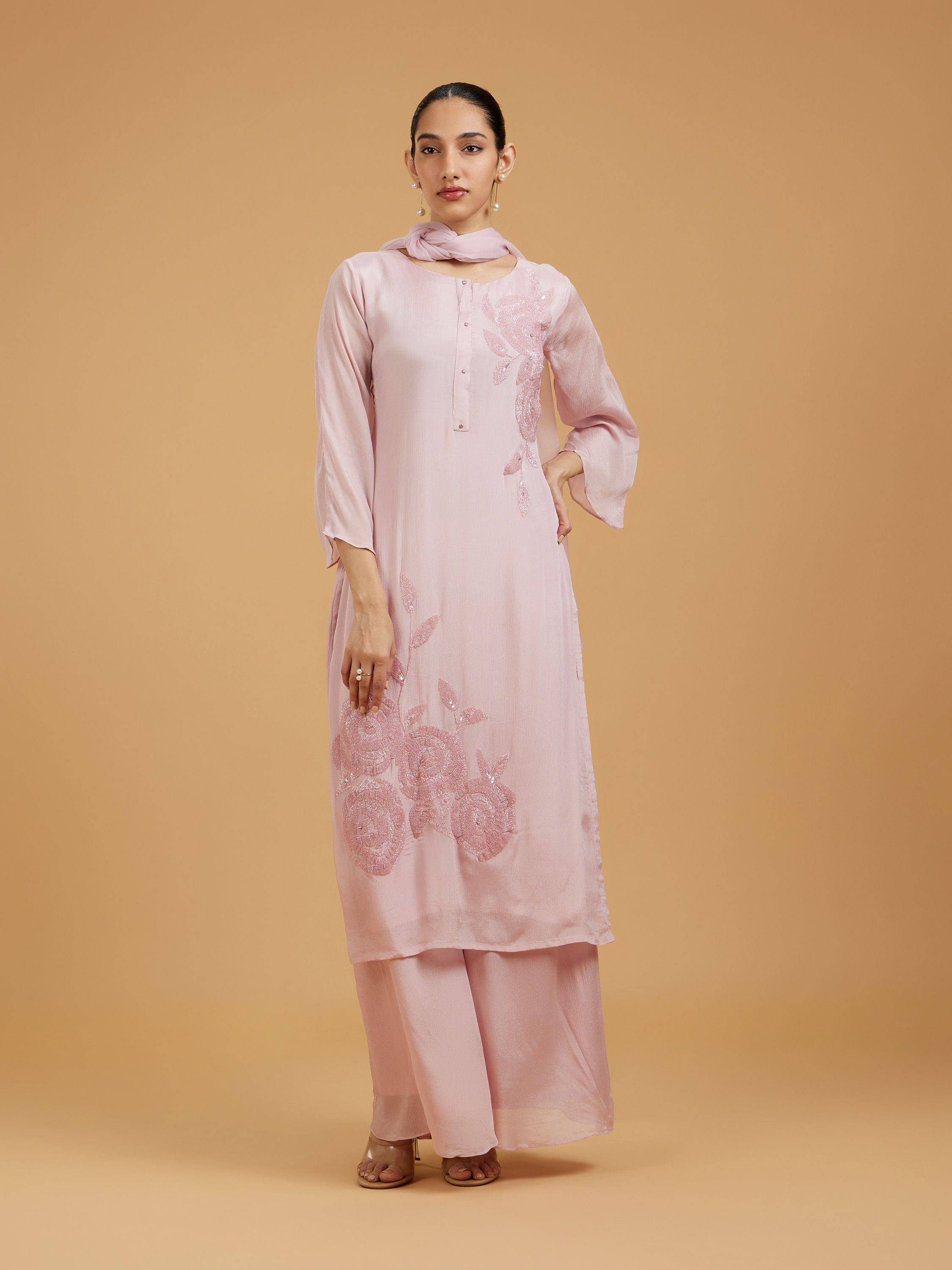 Mohey Women Blossoming Pink Chiffon Palazzo Suit