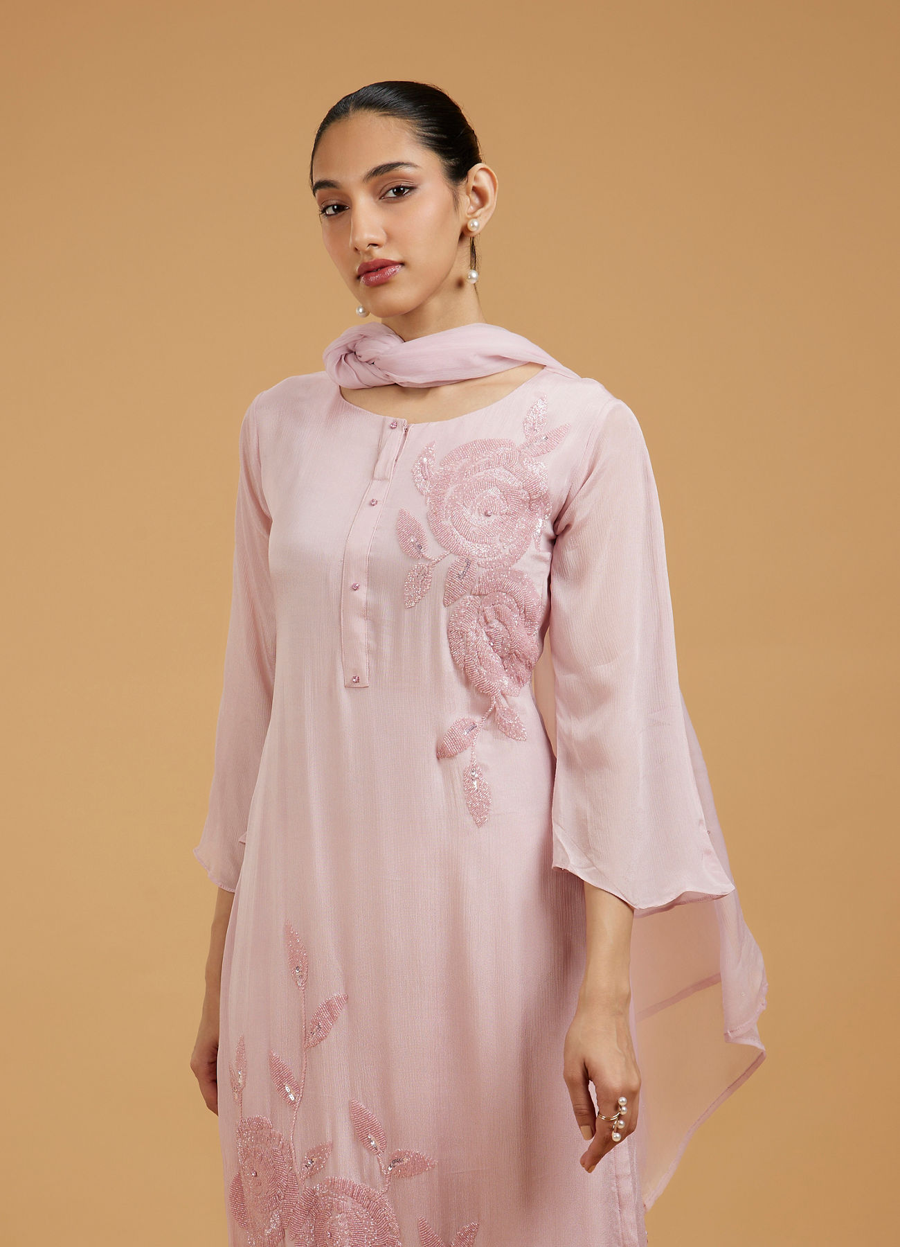 Mohey Women Blossoming Pink Chiffon Palazzo Suit