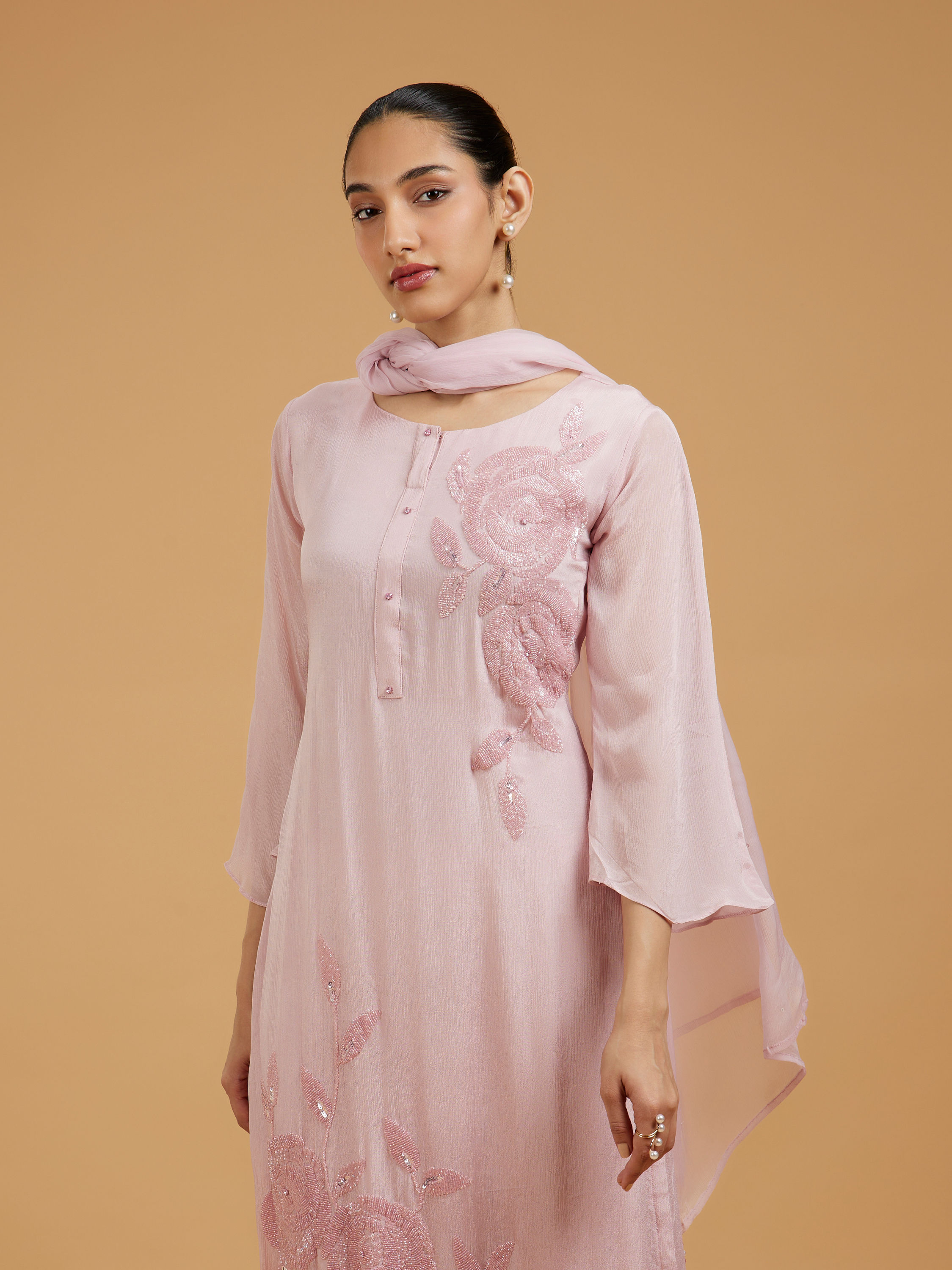 Mohey Women Blossoming Pink Chiffon Palazzo Suit