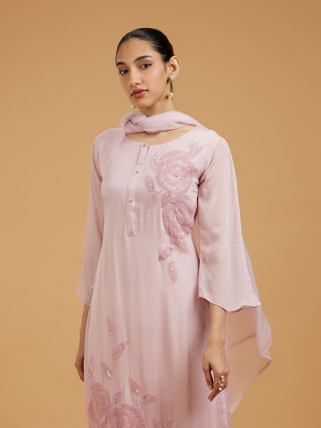 Mohey Women Blossoming Pink Chiffon Palazzo Suit