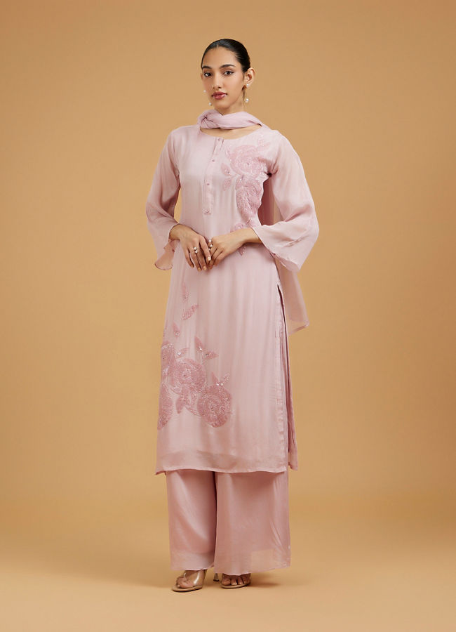 Mohey Women Blossoming Pink Chiffon Palazzo Suit