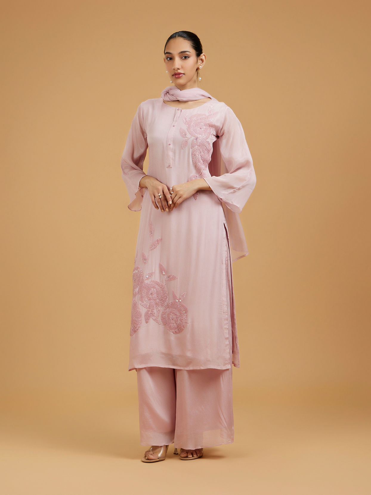Mohey Women Blossoming Pink Chiffon Palazzo Suit