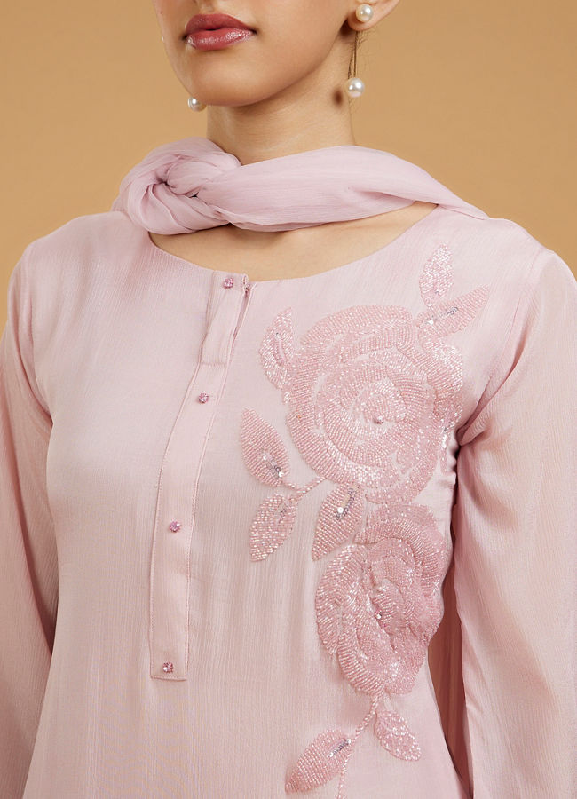 Mohey Women Blossoming Pink Chiffon Palazzo Suit