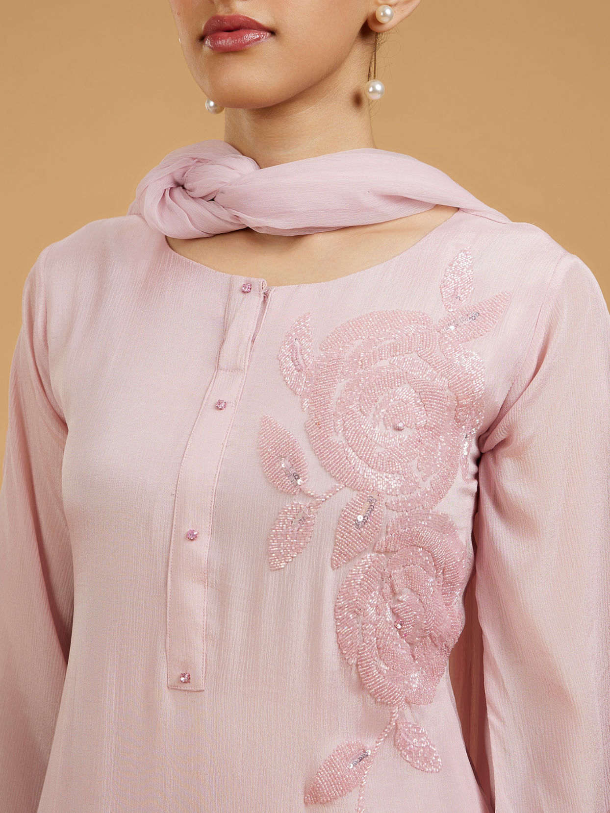 Mohey Women Blossoming Pink Chiffon Palazzo Suit
