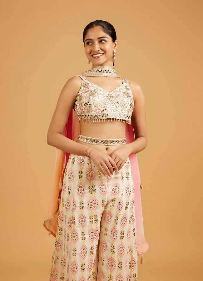 Mohey Women Soft Cream And Light Pink Feather Print Indo Western Set with Sequin And Mirror Work