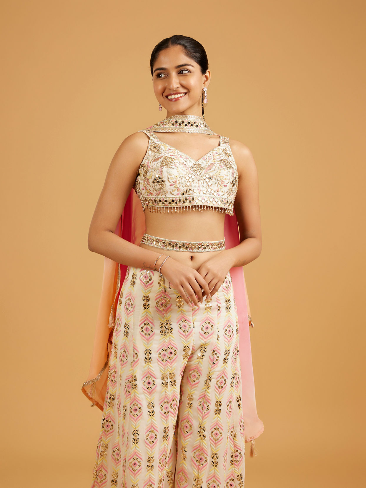 Mohey Women Soft Cream And Light Pink Feather Print Indo Western Set with Sequin And Mirror Work