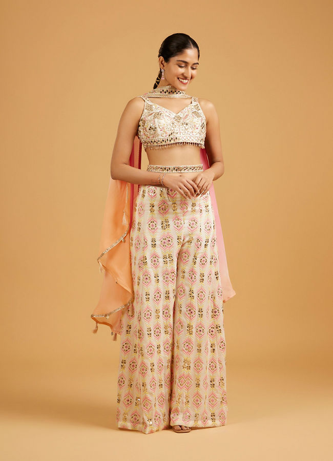 Mohey Women Soft Cream And Light Pink Feather Print Indo Western Set with Sequin And Mirror Work
