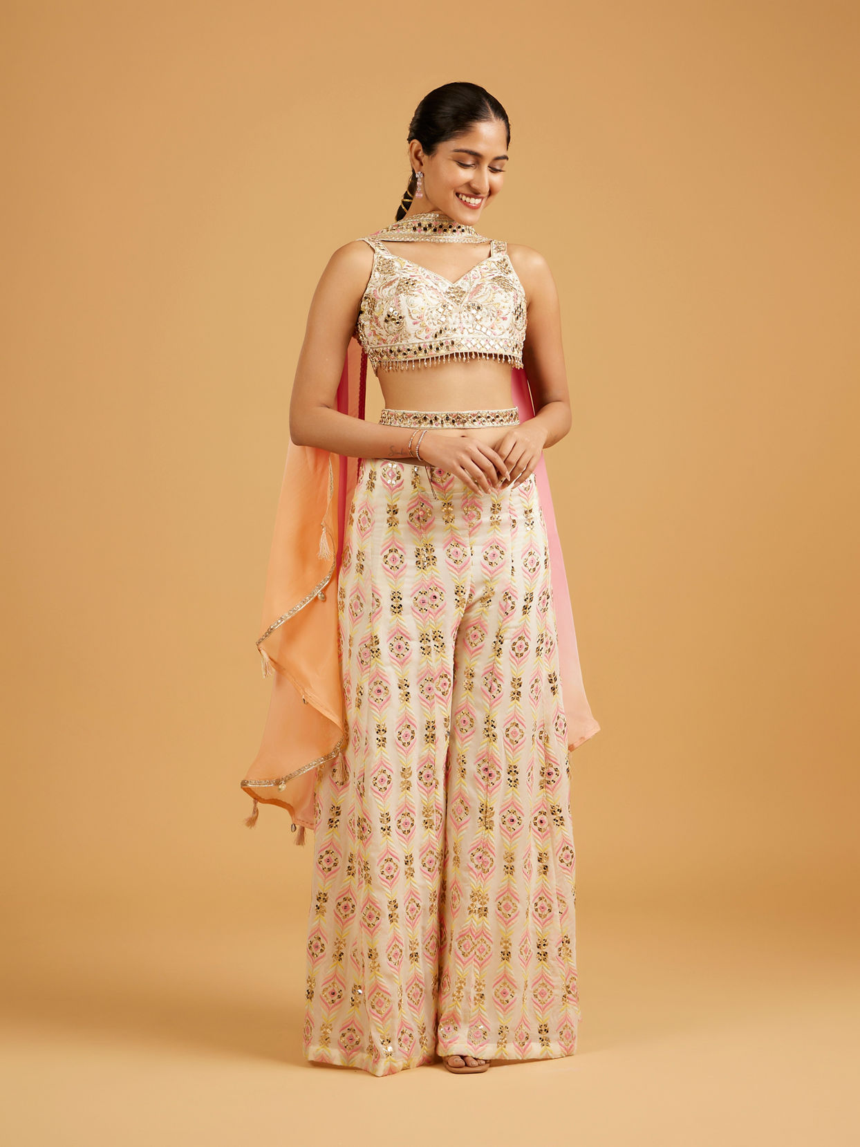 Mohey Women Soft Cream And Light Pink Feather Print Indo Western Set with Sequin And Mirror Work