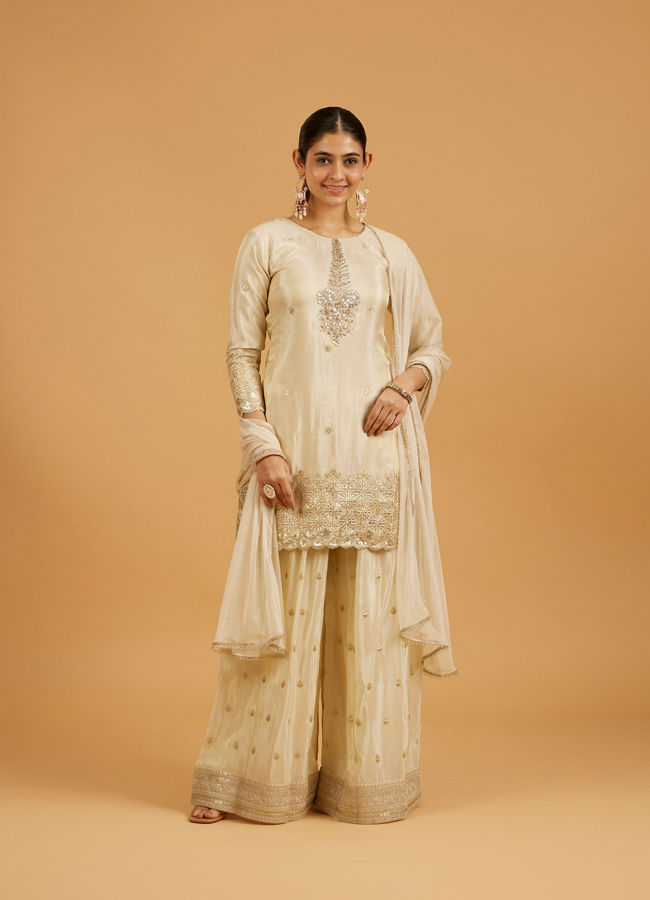 Mohey Women Cream Beige Floral Buta Patterned Suit Set with Gota Patti Work