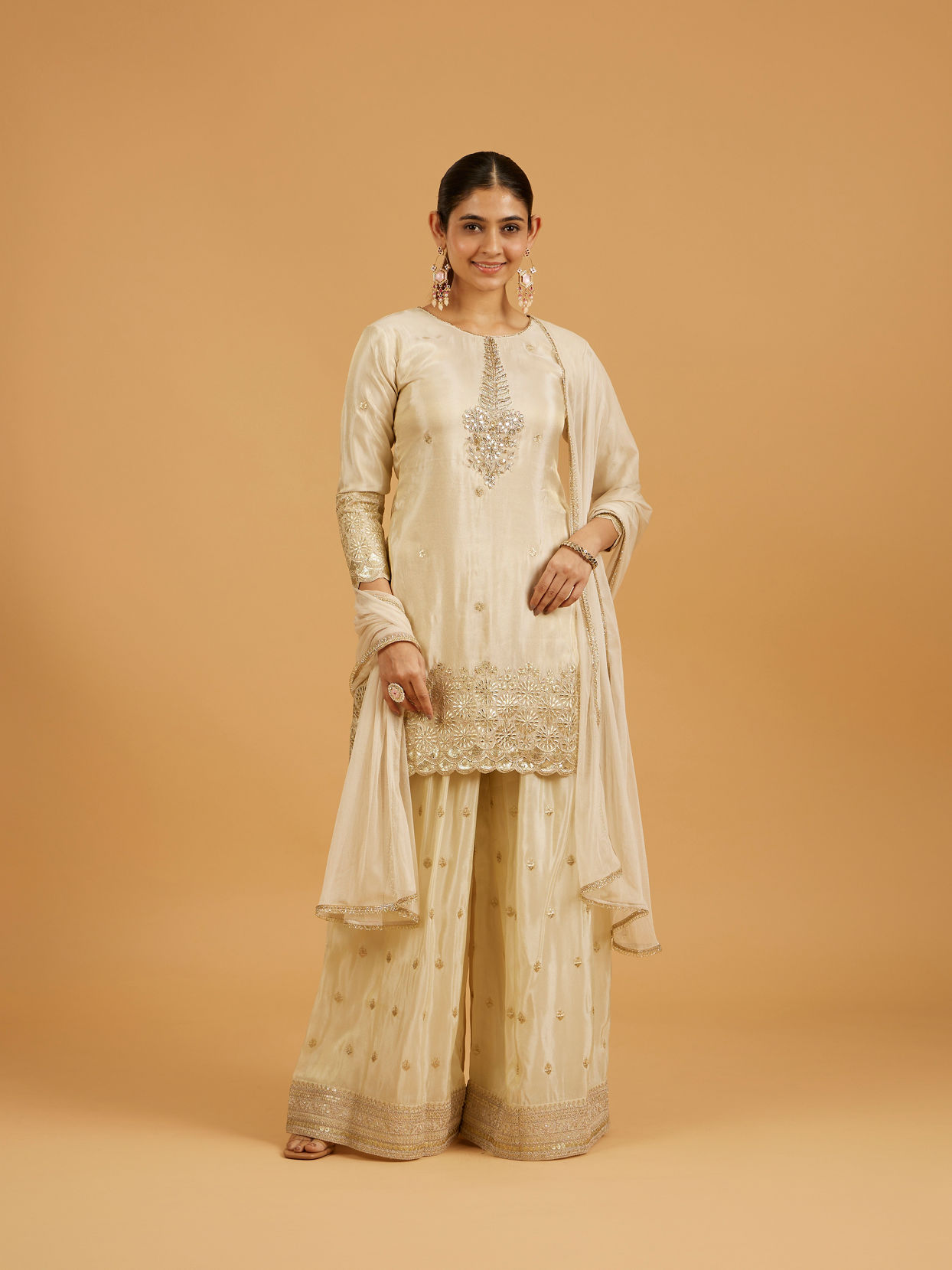 Mohey Women Cream Beige Floral Buta Patterned Suit Set with Gota Patti Work
