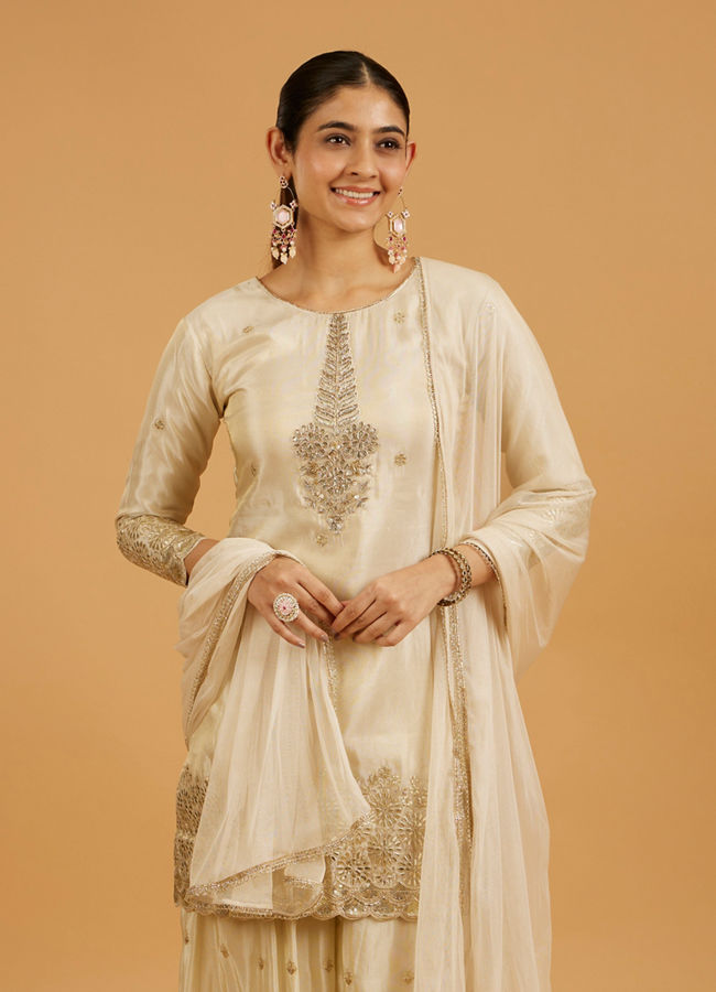 Mohey Women Cream Beige Floral Buta Patterned Suit Set with Gota Patti Work
