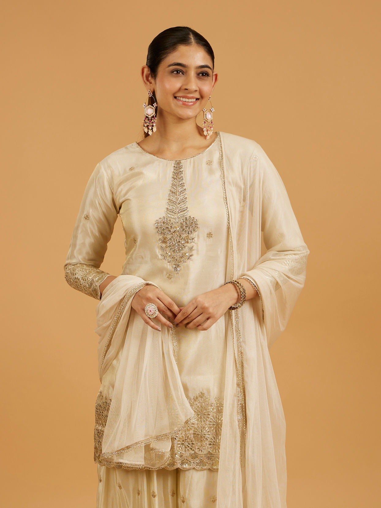 Mohey Women Cream Beige Floral Buta Patterned Suit Set with Gota Patti Work