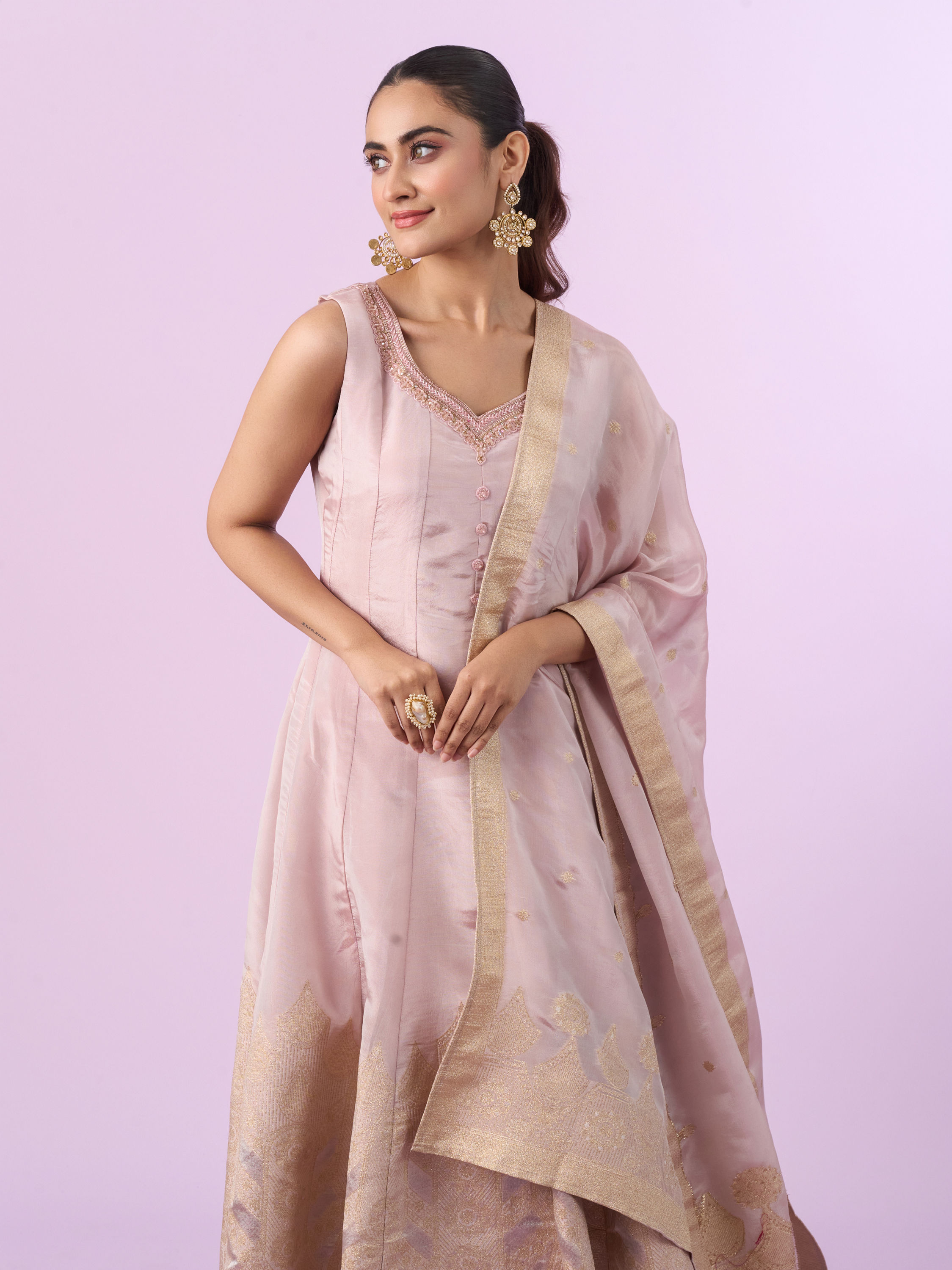 Mohey Women Pink Tissue Anarkali Suit