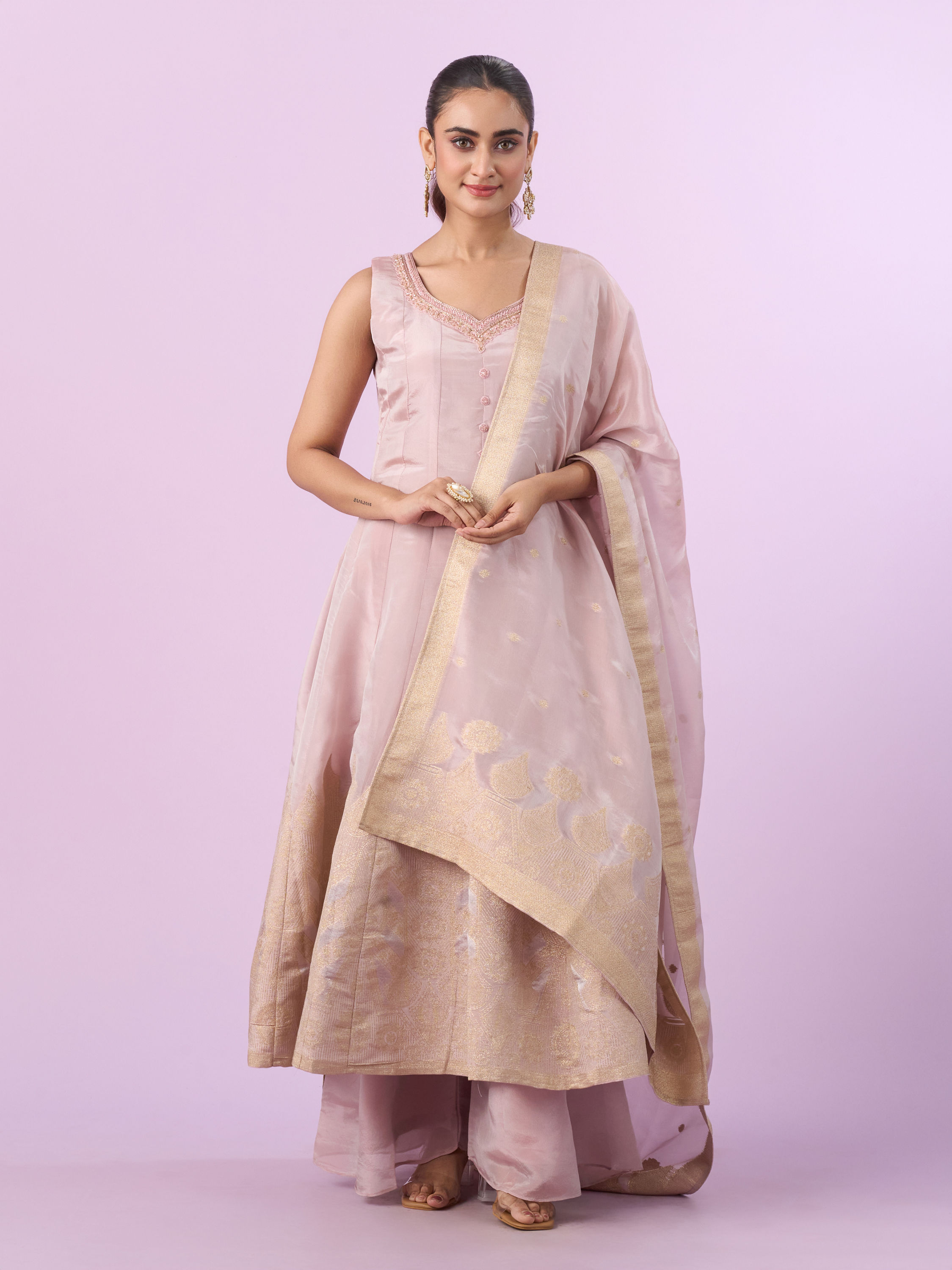 Mohey Women Pink Tissue Anarkali Suit