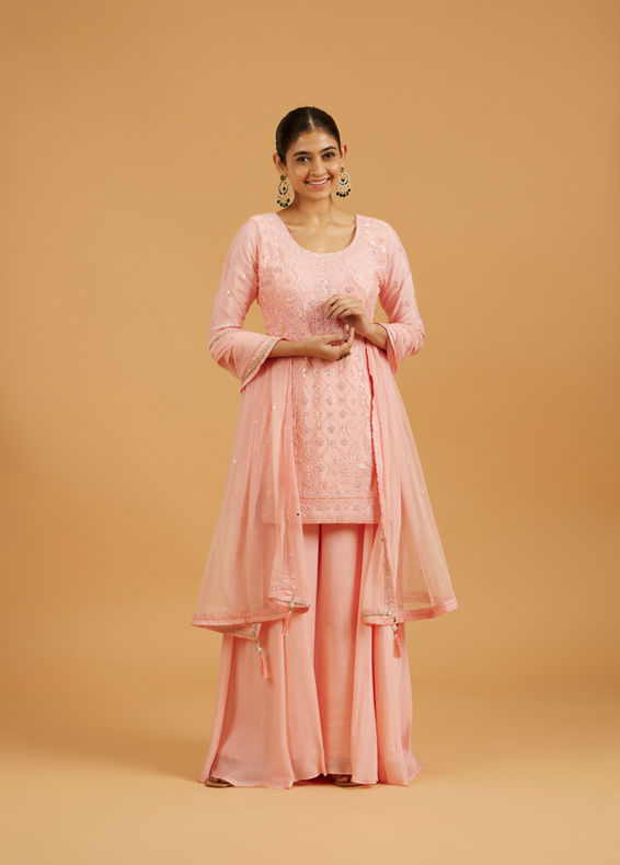 Mohey Women Light Pink Ogee Patterned Floral Embroidered Suit Set