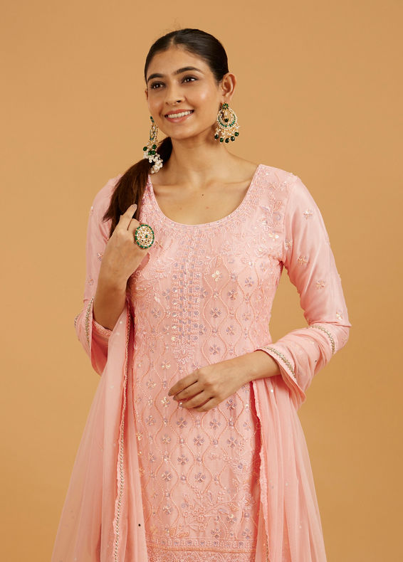 Mohey Women Light Pink Ogee Patterned Floral Embroidered Suit Set