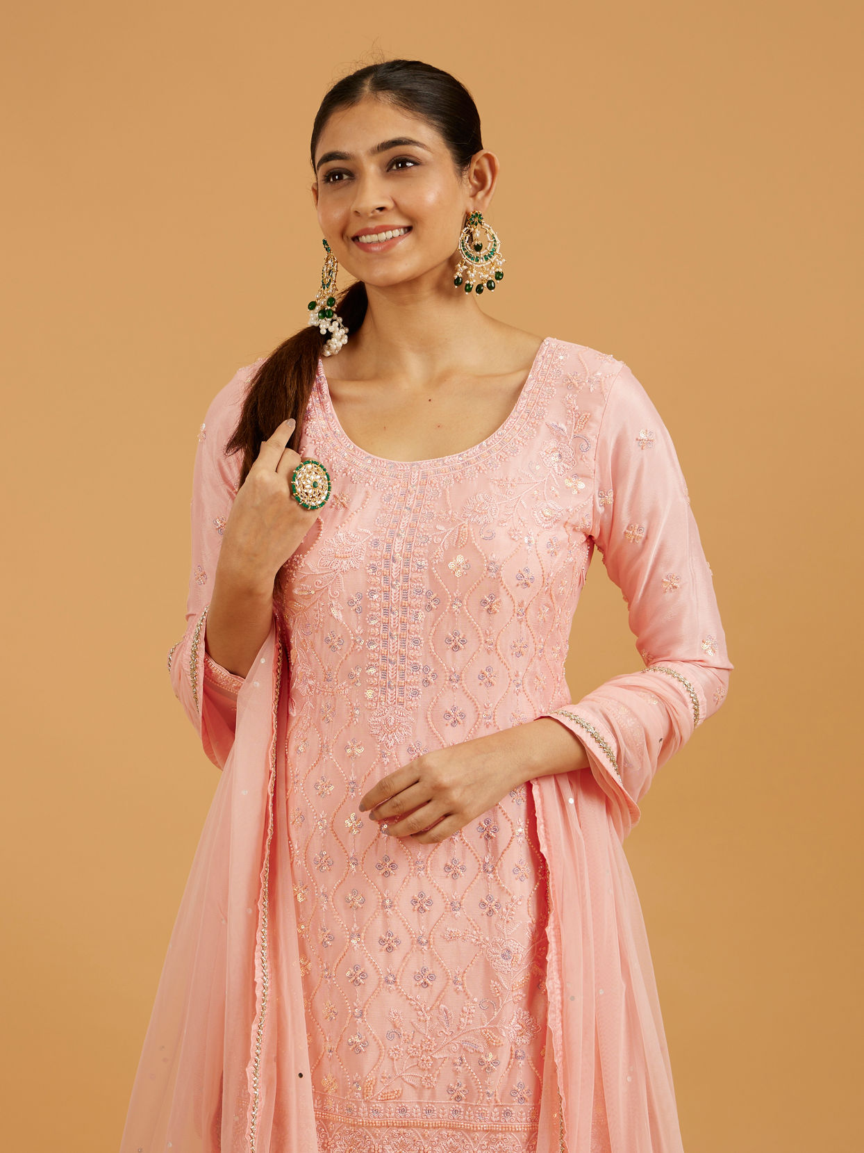 Mohey Women Light Pink Ogee Patterned Floral Embroidered Suit Set
