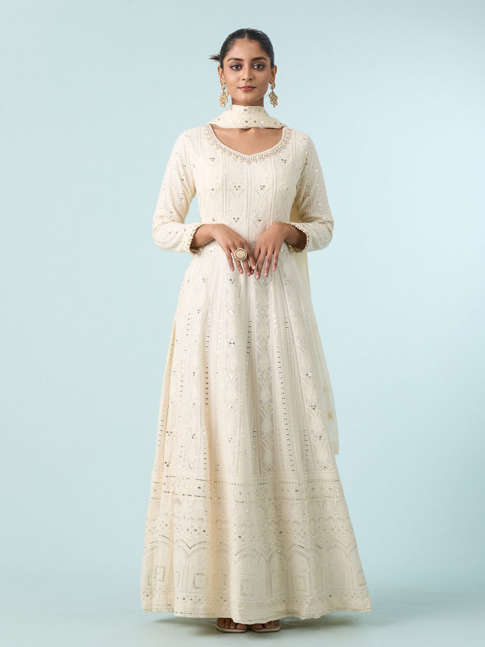 Mohey Women Glittering Georgette Cream Anarkali Suit