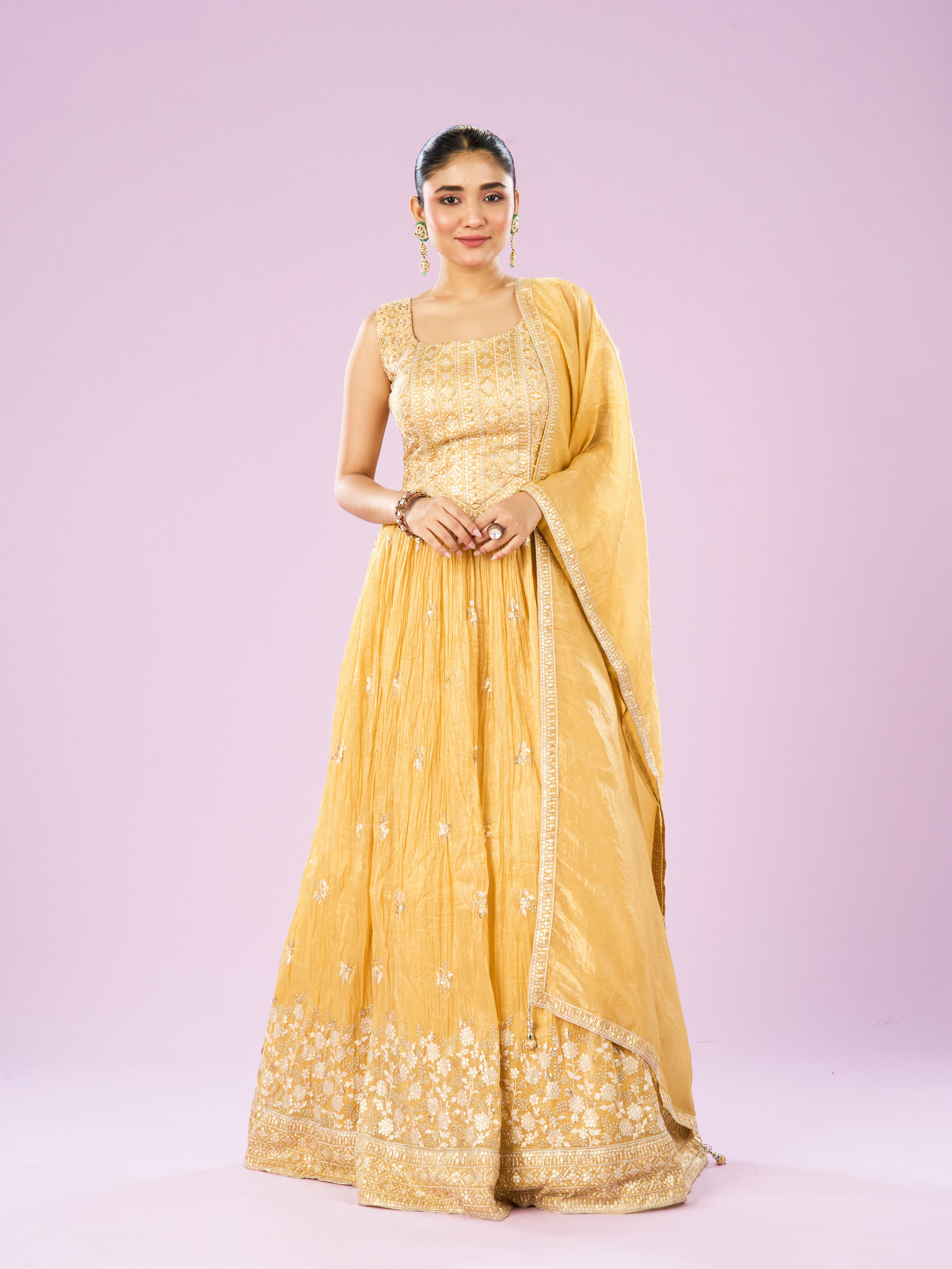 Mohey Women Enigmatic Yellow Anarkali Stitched Suit