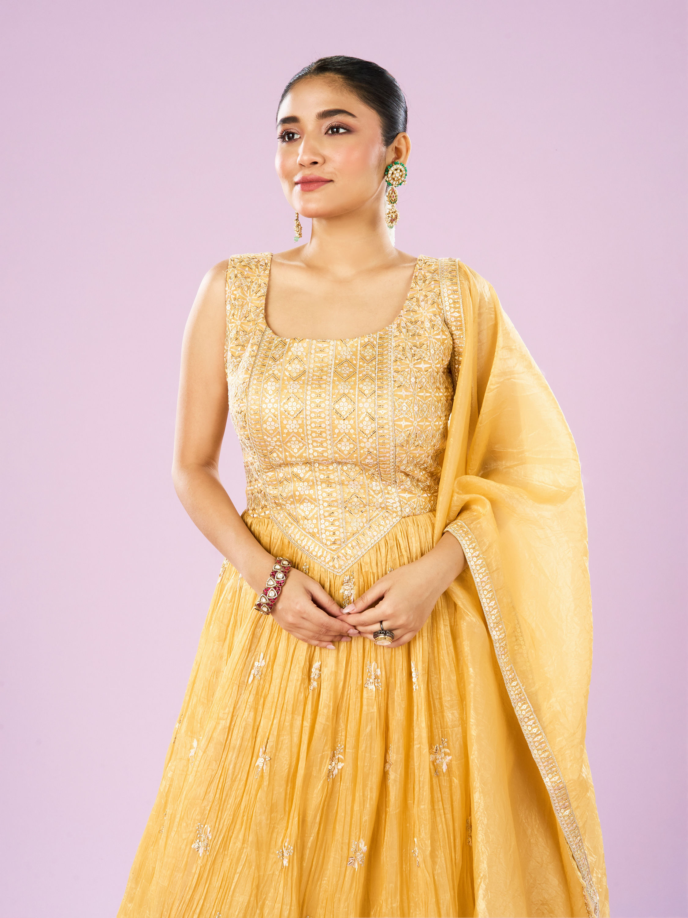 Mohey Women Enigmatic Yellow Anarkali Stitched Suit