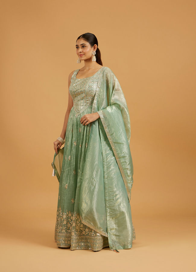 Mohey Women Sea Green Bel Buti And Jaal Embroidered Anarkali Suit