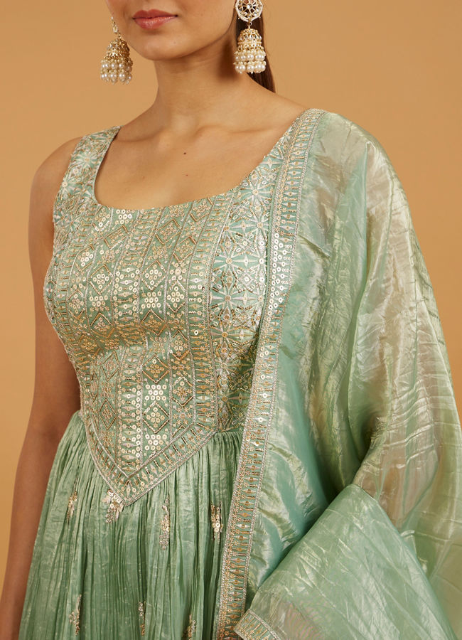 Mohey Women Sea Green Bel Buti And Jaal Embroidered Anarkali Suit